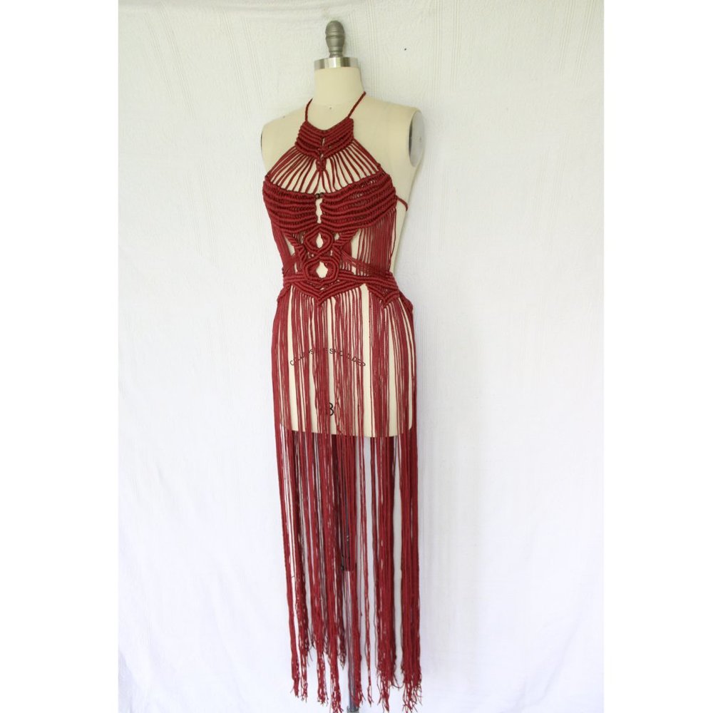 Vintage 60s hippie MACRAME crochet halter tunic dress fringe beaded Free People - Picture 2 of 11